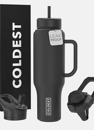 Coldest Tumbler with Handle and Straw - 100% Leak Proof Insulated Tumbler with Lid and Straw (3 Lids) - Stainless Steel Tumblers for Women & Men - Cup Holder Friendly Base, 46 oz (Stealth Black)