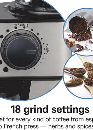 Hamilton Beach Electric Burr Coffee Grinder with Large 16oz Hopper & 18 Settings For 2-14 Cups, Stainless Steel (80385)