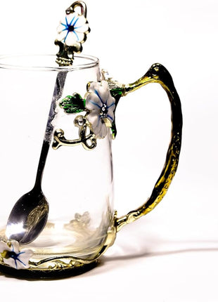 Handicraft Crystal Glass 3D Flower Cups Tea Mug With Tea Spoon Women Coffee, Tea, Juice, Beer, Milk Hot And Cold Drinks Use Gift Package. (Blue-Tal)