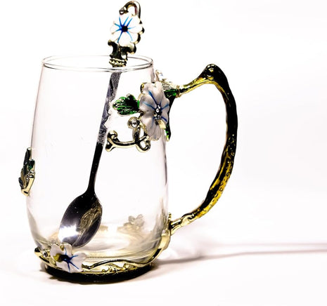 Handicraft Crystal Glass 3D Flower Cups Tea Mug With Tea Spoon Women Coffee, Tea, Juice, Beer, Milk Hot And Cold Drinks Use Gift Package. (Blue-Tal)