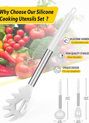 Silicone Pasta Fork and Ladle Spoon Set, Large Non Stick Kitchen Utensils for Cooking,Stirring,Serving Spaghetti, Soup, Sauce (WHITE)