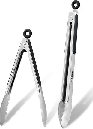 Anaeat Premium Stainless Steel Kitchen Tong Set of 2 - Sturdy Coiled Spring 9" and 12" Locking Food Tong with Non-Slip Silicone Grip for Cooking, Baking, Grilling, BBQ - Heat Resistant up to 480°F