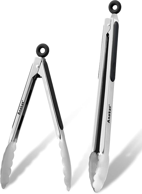 Anaeat Premium Stainless Steel Kitchen Tong Set of 2 - Sturdy Coiled Spring 9" and 12" Locking Food Tong with Non-Slip Silicone Grip for Cooking, Baking, Grilling, BBQ - Heat Resistant up to 480°F