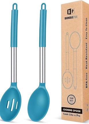 Pack of 2 Large Silicone Cooking Spoons,Non Stick Solid Basting Spoon,Heat-Resistant Kitchen Utensils for Mixing,Serving,Draining,Stirring (BLUE)