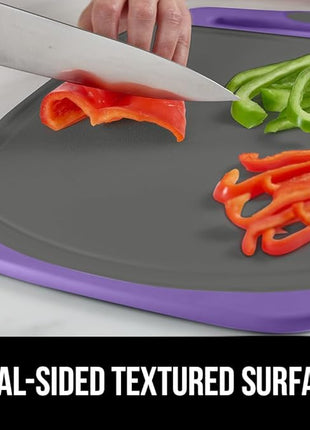 GORILLA GRIP BPA-Free Reversible Kitchen Cutting Board Set of 3, US Designed, Nonporous, Juice Grooves Catch Liquid, Slip Resistant Border, Dishwasher Safe, Durable Food Chopping Boards, Purple Gray