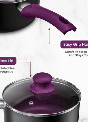 Chef’s Star Aluminum Pots and Pans Set for Kitchen - Nonstick Stackable Induction Cookware, 11 Pcs, Purple