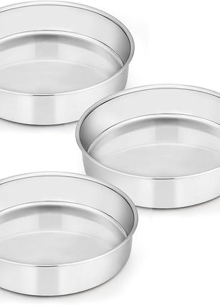 E-far 8 Inch Cake Pan Set of 3, Stainless Steel Round Layer Cake Baking Pans, Non-Toxic & Healthy, Mirror Finish & Dishwasher Safe
