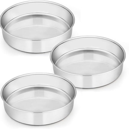 E-far 8 Inch Cake Pan Set of 3, Stainless Steel Round Layer Cake Baking Pans, Non-Toxic & Healthy, Mirror Finish & Dishwasher Safe