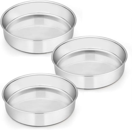 E-far 8 Inch Cake Pan Set of 3, Stainless Steel Round Layer Cake Baking Pans, Non-Toxic & Healthy, Mirror Finish & Dishwasher Safe