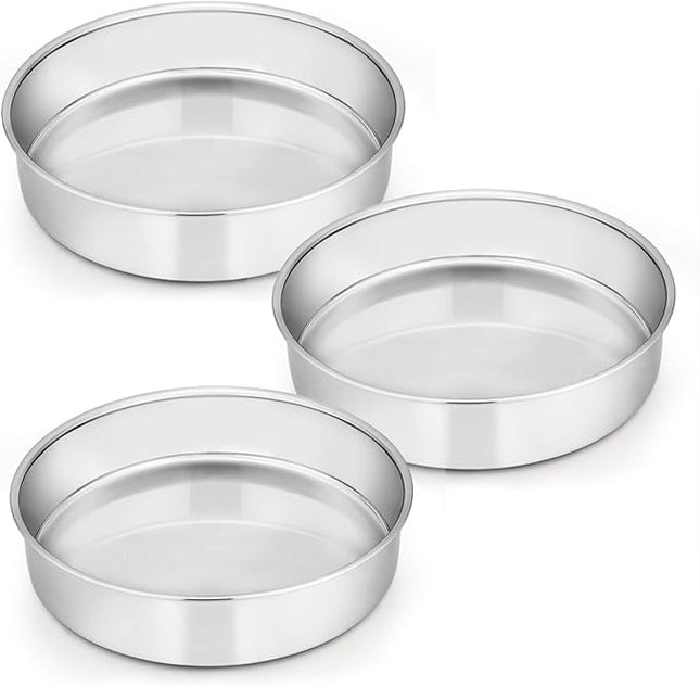 E-far 8 Inch Cake Pan Set of 3, Stainless Steel Round Layer Cake Baking Pans, Non-Toxic & Healthy, Mirror Finish & Dishwasher Safe