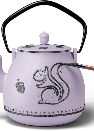 Toptier Teapot with Removable Infuser, Cast Iron Tea Kettle Stovetop Safe, Squirrel Design Tea Pot Coated with Enameled Interior for 32 Ounce (950 ml), Purple