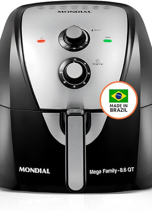 MONDIAL Air Fryer - 8.6 Quart Extra-Large Air Fryer, 2 Simple Dial Controls, 1800 Watts - Quick Heat Circulation Technology, Low Fat Cooking Less Calories - Removable Squared Basket - Black