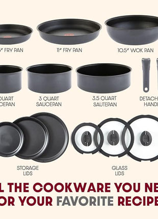 T-fal Ingenio Expertise Non Stick Cookware Set 14 Piece, Induction, Oven Broiler Safe 500F, Detachable/Removable Handle, Kitchen, Cookware, Pots and Pans, RV, Camping, Fry Pans, Dishwasher Safe, Gray