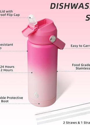 BJPKPK Insulated Water Bottle with Straw Lid, 18oz Thermo Water Bottles with Soft Nozzle, Flex Handle & Non-slip Boot, BPA Free Leak Proof Stainless Steel Metal Thermo, Tumblers, Cups,Cherry