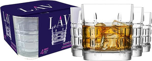 LAV Old Fashioned Whiskey Glass Set with Linear Nuances | Set of 4 x 11 oz | Brit Glasses, Bourbon, Scotch, Cocktails, Liquor | Crystal Whiskey, Bistro, Short Drink, Rock Glass, Bar | Dishwasher Safe