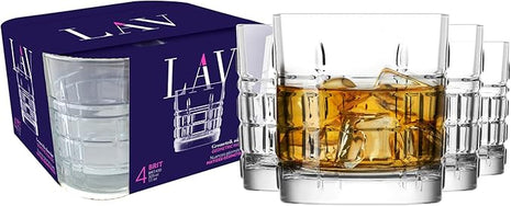 LAV Old Fashioned Whiskey Glass Set with Linear Nuances | Set of 4 x 11 oz | Brit Glasses, Bourbon, Scotch, Cocktails, Liquor | Crystal Whiskey, Bistro, Short Drink, Rock Glass, Bar | Dishwasher Safe