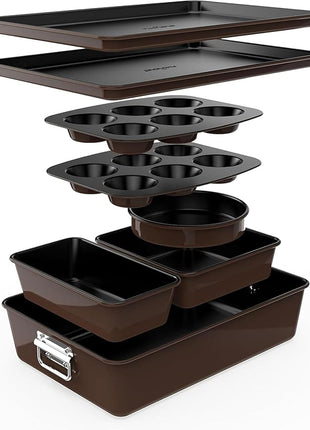 NutriChef 8-Piece Nonstick Stackable Bakeware Set - PFOA, PFOS, PTFE Free Baking Tray Set w/Non-Stick Coating, 450°F Oven Safe, Round Cake, Loaf, Muffin, Wide/Square Pans, Cookie Sheet (Brown)