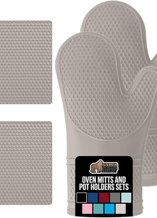 GORILLA GRIP BPA-Free Soft Silicone Oven Mitts and Pot Holders Sets of 4, Heat Resistant Waterproof Cooking Gloves, Thick Cotton Lining, Flexible Gripping for Baking Grilling, Kitchen Trivets, Almond