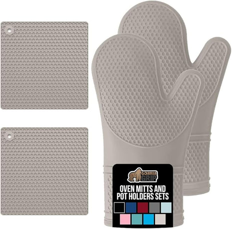 GORILLA GRIP BPA-Free Soft Silicone Oven Mitts and Pot Holders Sets of 4, Heat Resistant Waterproof Cooking Gloves, Thick Cotton Lining, Flexible Gripping for Baking Grilling, Kitchen Trivets, Almond