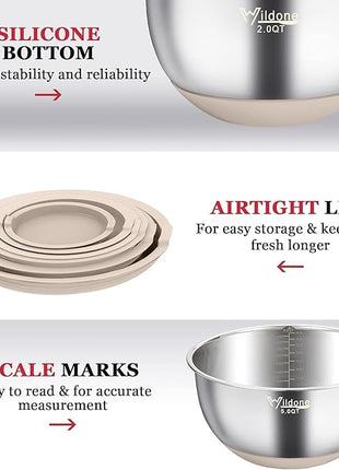 Wildone Mixing Bowls with Airtight Lids, 22 PCS Stainless Steel Nesting Bowls, with 3 Grater Attachments, Scale Marks & Non-Slip Bottom, Size 5, 4, 3, 2,1.5, 0.63QT, Ideal for Mixing & Prepping