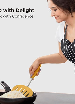 Kitchen Mama WaltzGrip Platinum Silicone Pancake Spatula Turner: Heat-Resistant, Slotted Tapered Head, Stainless Steel Core, Durable, Dishwasher-Safe, Ideal for Flipping and Wok Use (Yellow)