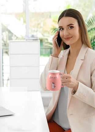 Cute Cat Cup Ceramic Coffee Mug with Kawaii Cat Wooden Lid, Lovely Stainless Steel Spoon, Anime Kitty Thicken Wooden Coaster, Christmas Birthday Cute Thing Japanese Mug 16oz (Pink)