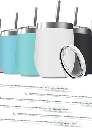 12oz Wine Tumbler with Lid With straw Stainless Steel Wine Tumbler Cups Double Wall Vacuum Insulated Travel Mugs Stemless Cup 12 Pack (Assorted Colors)
