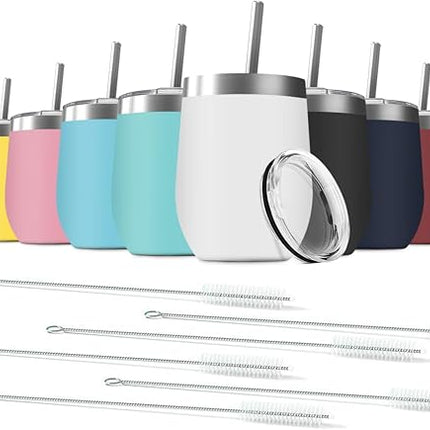 12oz Wine Tumbler with Lid With straw Stainless Steel Wine Tumbler Cups Double Wall Vacuum Insulated Travel Mugs Stemless Cup 12 Pack (Assorted Colors)