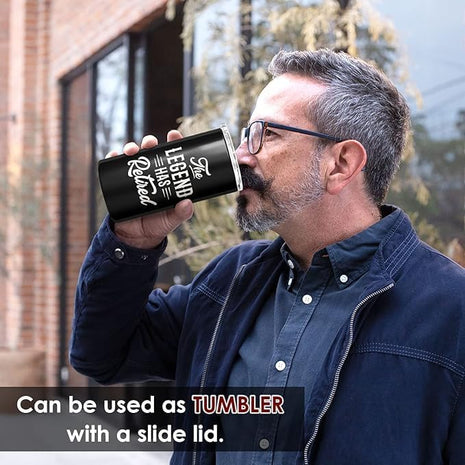 SANDJEST The Legend Has Retired 4-in-1 Design Tumbler Cup Can Cooler - 12oz Stainless Steel Insulated Cans Coozie Travel Mug Christmas, Birthday, Happy Retirement Gifts for Coworkers, Colleagues, Men