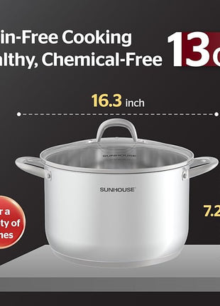 SUNHOUSE 13-Quart Stainless Steel Stockpot w/Tempered Glass Lid - Heavy-Duty, Food-Grade Cookware for Simmering, Boiling, and Induction Cooking - Exceptional Heat Distribution