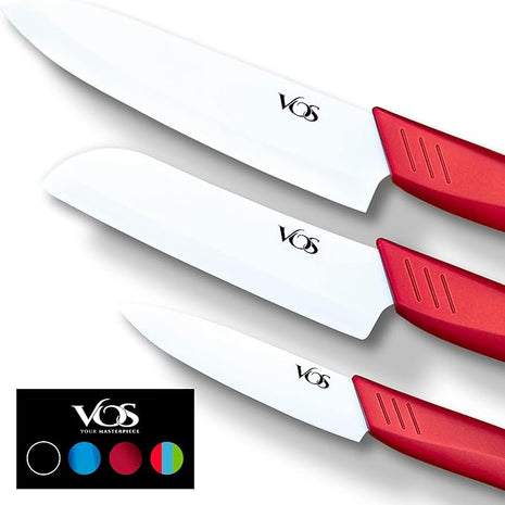 Vos Ceramic Knife Set in Elegant Gift Box, Ceramic Knives Set For Kitchen, Ultra Sharp Kitchen Knife Set with Covers, 4" 5" 6" Paring, Santoku & Chef Knife, Lightweight, Dishwasher safe (Red Handle)