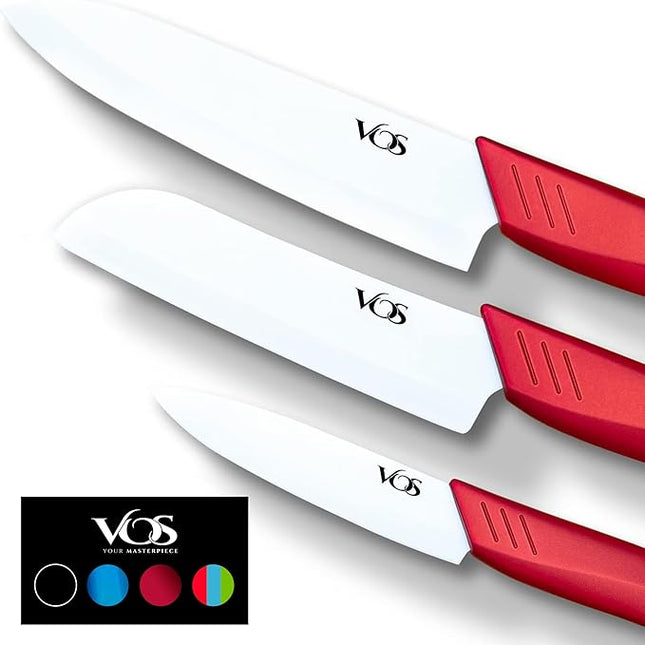 Vos Ceramic Knife Set in Elegant Gift Box, Ceramic Knives Set For Kitchen, Ultra Sharp Kitchen Knife Set with Covers, 4" 5" 6" Paring, Santoku & Chef Knife, Lightweight, Dishwasher safe (Red Handle)