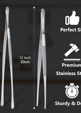 HOTEC Kitchen Tweezers Tongs Stainless Steel Professional Chef Tweezers, Set of 2-12inch Extra-Long Food Tongs for Cooking,Grill and Baking