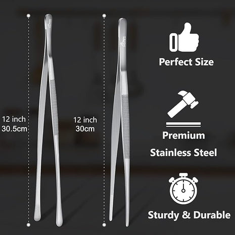 HOTEC Kitchen Tweezers Tongs Stainless Steel Professional Chef Tweezers, Set of 2-12inch Extra-Long Food Tongs for Cooking,Grill and Baking