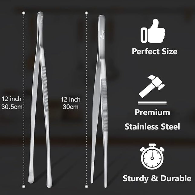 HOTEC Kitchen Tweezers Tongs Stainless Steel Professional Chef Tweezers, Set of 2-12inch Extra-Long Food Tongs for Cooking,Grill and Baking