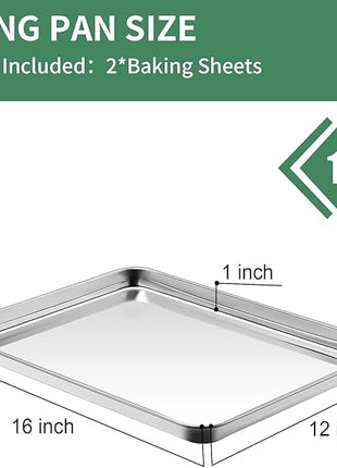 Baking Sheets Set of 2, HKJ Chef Cookie Sheets 2 Pieces & Stainless Steel Baking Pans & Toaster Oven Tray Pans, Rectangle Size 16 x 12 x 1 inch, Non Toxic & Healthy & Easy to Clean