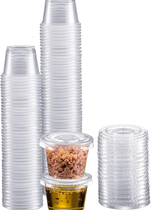 Portion Cups with Lids (1 Ounces, 100 Pack) | Disposable Plastic Cups for Meal Prep, Portion Control, Salad Dressing, & Medicine | Small Plastic Condiment Container