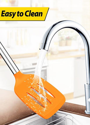 Pack of 2 Silicone Solid Turner, Non Stick Slotted Kitchen Spatulas, High Heat Resistant BPA Free Cooking Utensils, Ideal Cookware for Fish, Eggs, Pancakes (ORANGE)