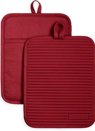 KitchenAid Ribbed Soft Silicone Pot Holder 2-Pack Set, Smoked Paprika Red, 7"x9"