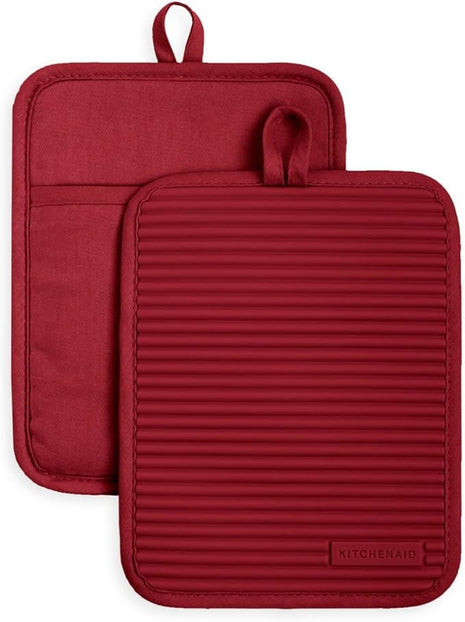 KitchenAid Ribbed Soft Silicone Pot Holder 2-Pack Set, Smoked Paprika Red, 7"x9"