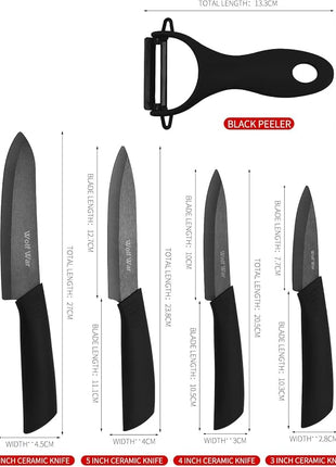 Ceramic Knife, Ceramic Knife Set with Protective Cover, Kitchen Knife Set with 4-Piece Knife and 1 Peeler, Chef's Knife Sets for Meat, Fruit, Vegetables - Black