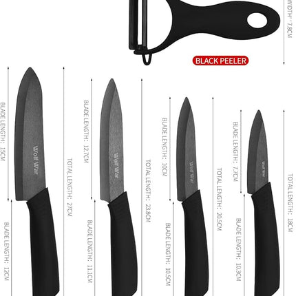 Ceramic Knife, Ceramic Knife Set with Protective Cover, Kitchen Knife Set with 4-Piece Knife and 1 Peeler, Chef's Knife Sets for Meat, Fruit, Vegetables - Black