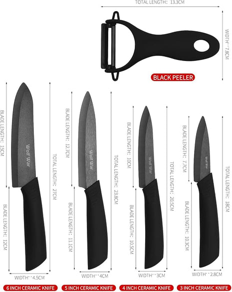 Ceramic Knife, Ceramic Knife Set with Protective Cover, Kitchen Knife Set with 4-Piece Knife and 1 Peeler, Chef's Knife Sets for Meat, Fruit, Vegetables - Black