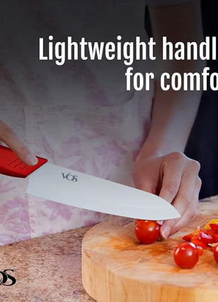 Vos Ceramic Knife Set in Elegant Gift Box, Ceramic Knives Set For Kitchen, Ultra Sharp Kitchen Knife Set with Covers, 4" 5" 6" Paring, Santoku & Chef Knife, Lightweight, Dishwasher safe (Multi-Color)