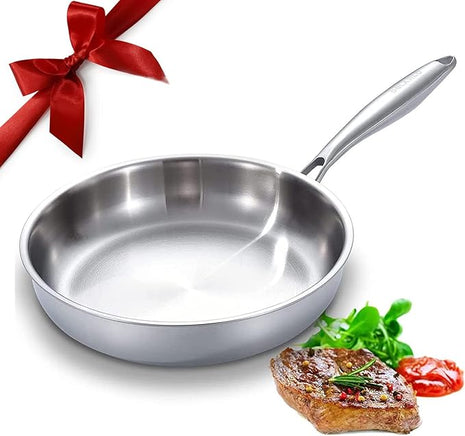 DELARLO Tri-Ply Stainless Steel Frying Pan, All Cooktops Compatible Up to 650℉, Oven Safe Induction Skillet, 12.5 inch Non toxic Cooking Surface, Fast & Even Heat, Durable Cookware