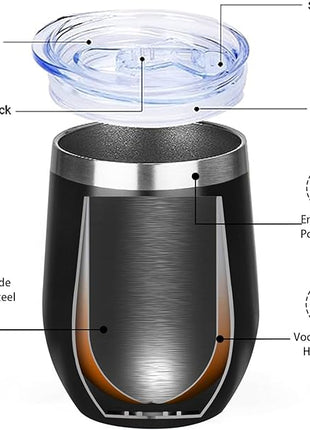 12 Oz Insulated Wine Tumbler with Lid Double Wall Vacuum Stainless Steel Wine Glass Coffee Mug Insulated Tumbler Cup for Champaign, Cocktail, Beer (Mixed, 6 Pack)
