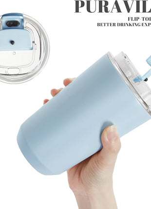 Puraville Insulated Tumblers with Lid, 14 oz Travel Coffee Mug Stainless Steel Vacuum Cup, Leak Proof Reusable Double Walled Coffee Tumbler for Iced and Hot Drinks, Light Blue