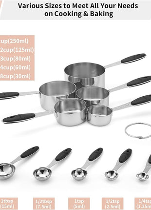 Joyhill Stainless Steel Measuring Cups and Spoons Set of 10 Piece, Nesting Metal Measuring Cups Set with Soft Touch Silicone Handles for Dry and Liquid Ingredients, Cooking & Baking (Black)