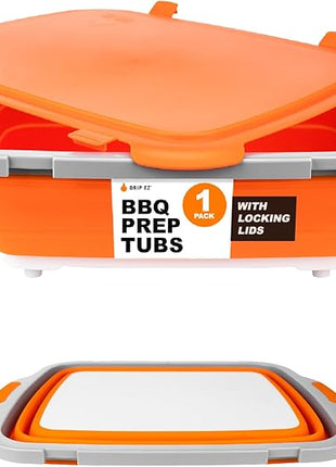 Drip EZ Collapsible BBQ Prep Tub - For Meal Prep Marinating Food Storage - Includes Cutting Board & Locking Lid - (1) XL - Orange