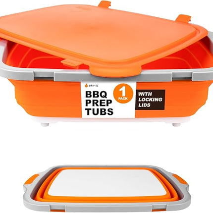 Drip EZ Collapsible BBQ Prep Tub - For Meal Prep Marinating Food Storage - Includes Cutting Board & Locking Lid - (1) XL - Orange